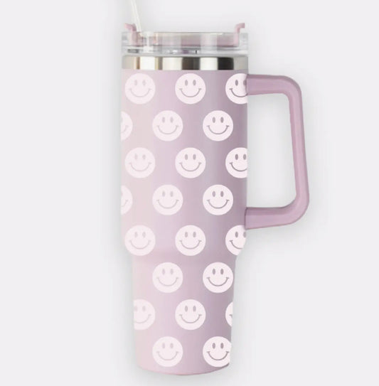 40oz Tumbler with Handle | Lilac Smiley Face